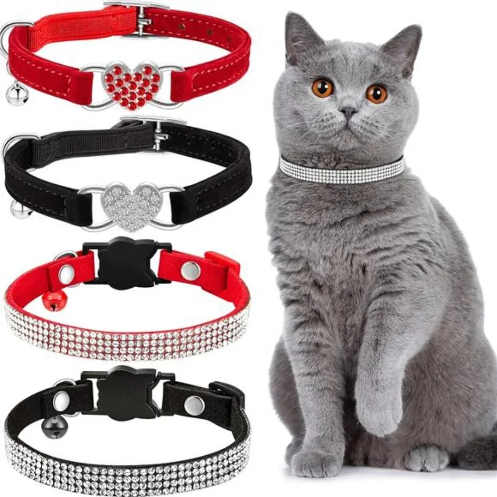 4 Pcs Rhinestone Cat Collar Heart Bling